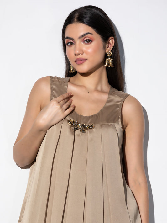 Dhiyona ST Women's Peanut Satin Kurta with Inverted Pleats and Swarovski Style Patch 1 Piece | A-Line, U Neck, Sleeveless, Festive Wear, (Satin)