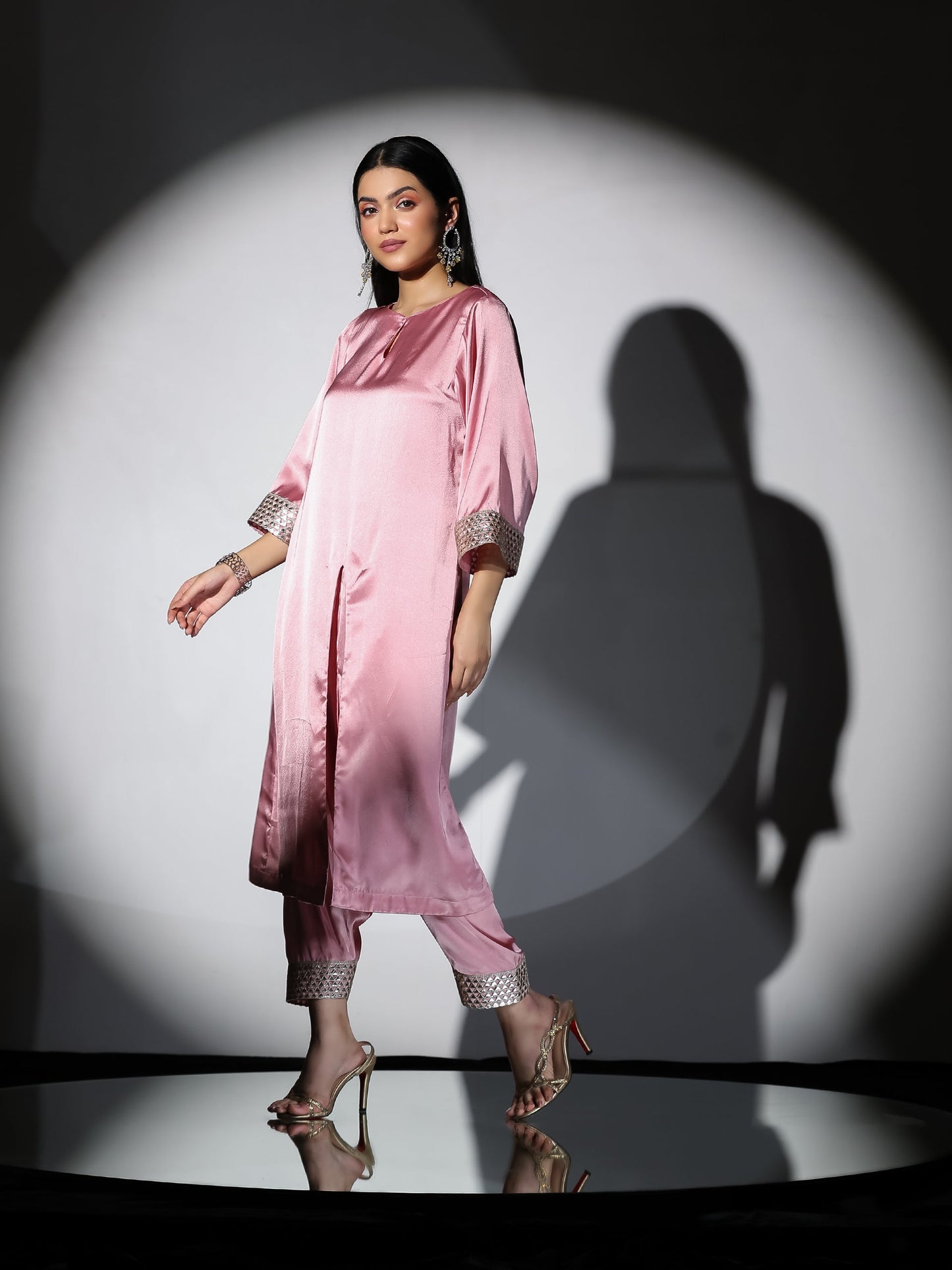 Dhiyona ST Women's Vision in Pink Satin Set with Gold Triangle on Sleeves and Easy Pants 2 Piece Set | Straight Fit, Round Neck, 3/4 Sleeves, Pants, Festive Wear, (Satin)