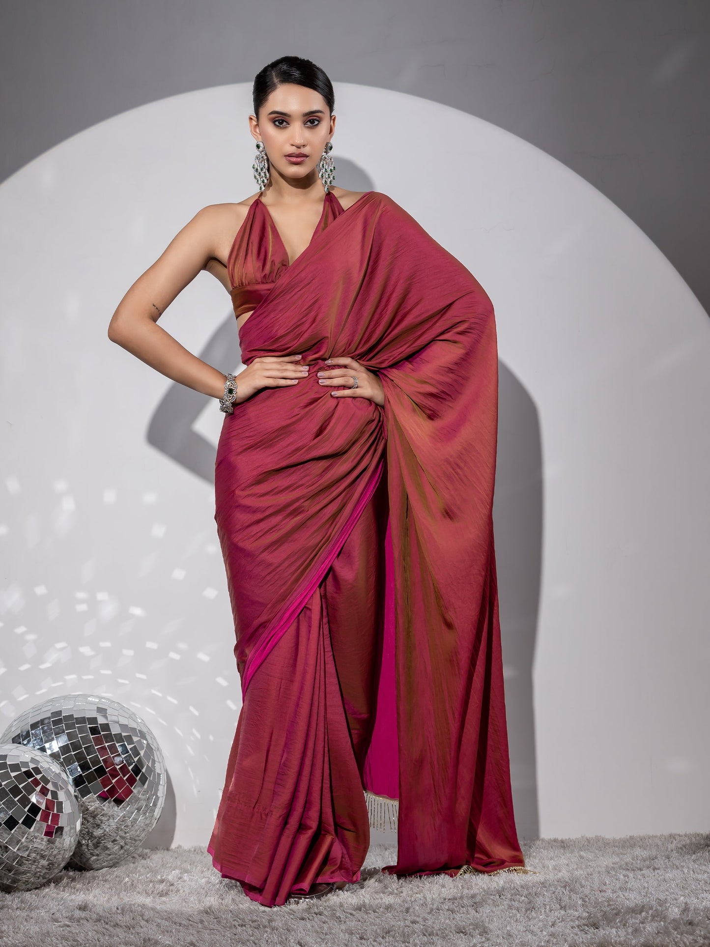 Dhiyona ST Treasure Paradise Satin Saree with Long Beads and Blouse Fabric