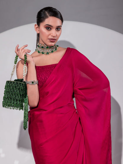 Dhiyona ST Romantic Crimson Butter Chiffon Saree with Embroidered Blouse Fabric