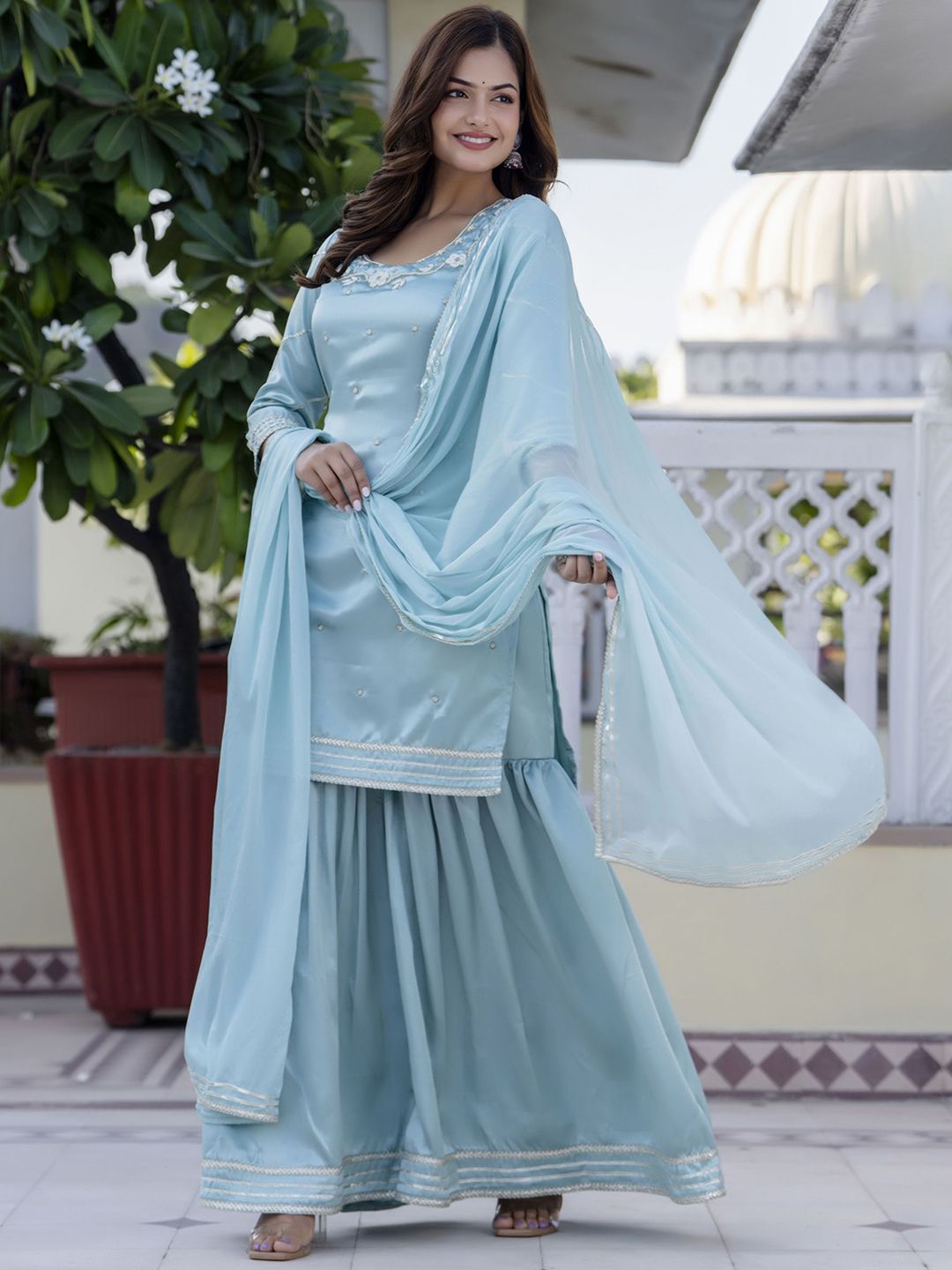 Dhiyona AN Blue Floral Embroidered Round Neck Straight Kurti With Sharara And Dupatta