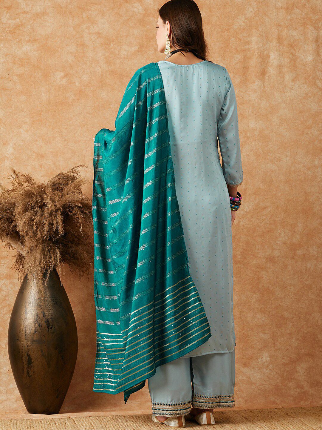 Dhiyona SN Embroidered Straight Kurta With Palazzo & Dupatta