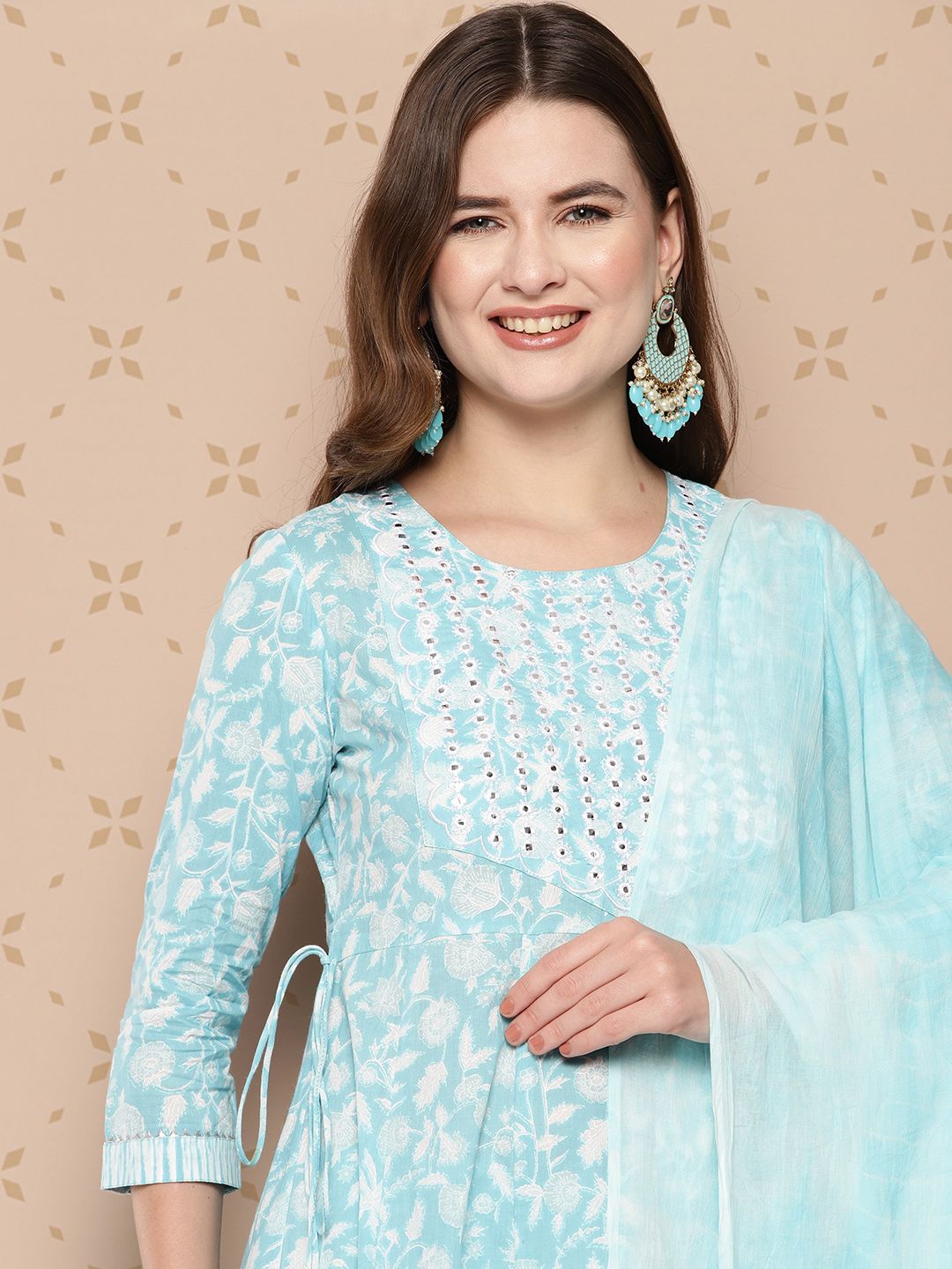 Dhiyona KL Pure Cotton Floral Printed Anarkali Kurta With Trousers & With Dupatta