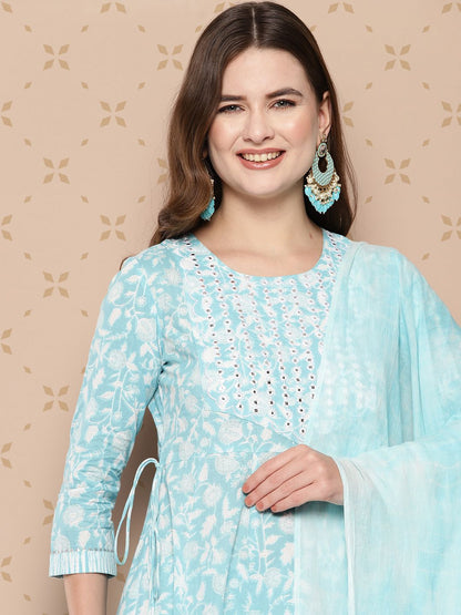 Dhiyona KL Pure Cotton Floral Printed Anarkali Kurta With Trousers & With Dupatta