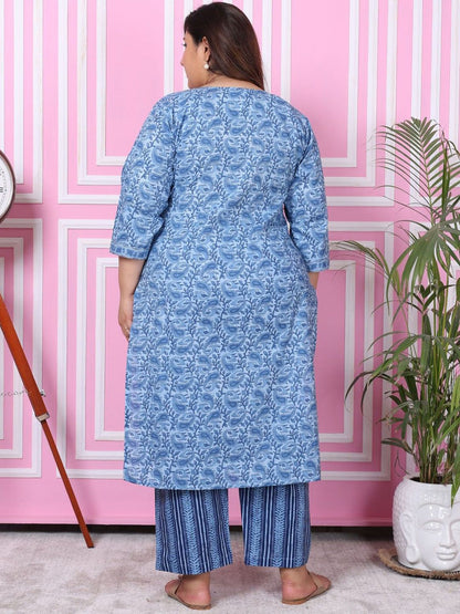 Dhiyona KL Plus Size Floral Printed Pure Cotton Straight Kurta with Palazzos & Dupatta