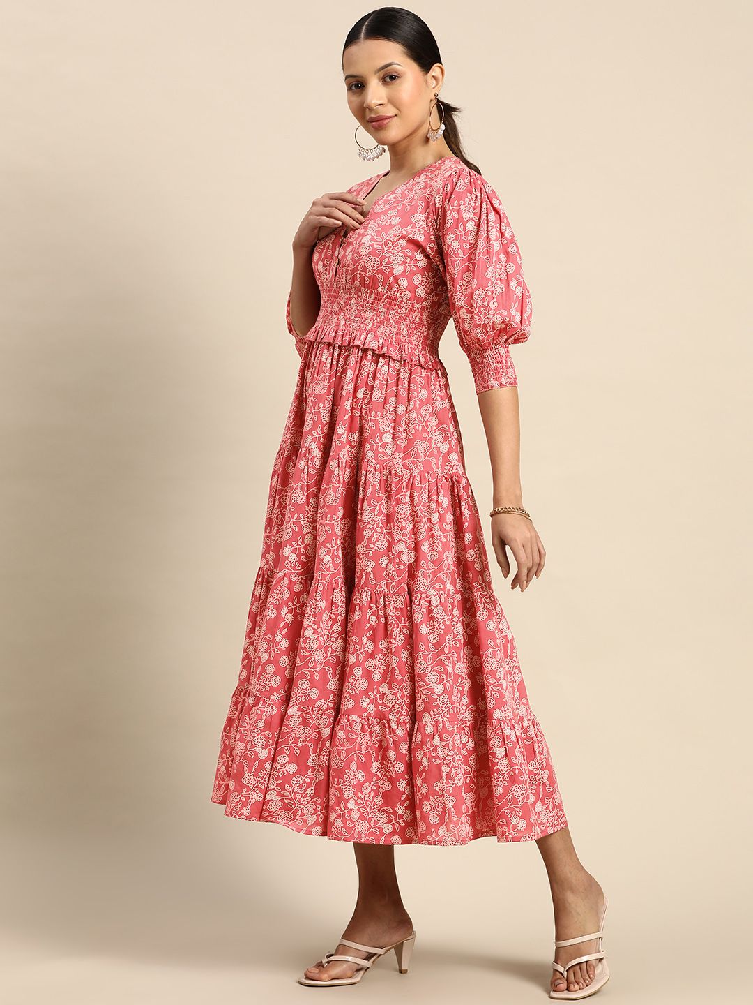 Dhiyona AY Women's Floral Printed Smocked Fit & Flare Maxi Dress