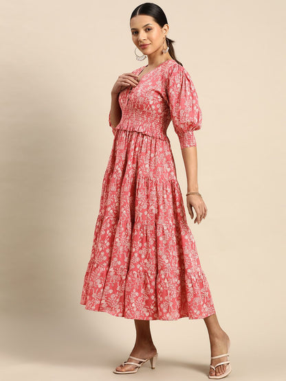 Dhiyona AY Women's Floral Printed Smocked Fit & Flare Maxi Dress