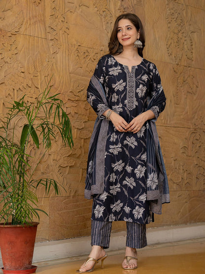 Dhiyona KL Floral Printed Gotta Patti Straight Kurta With Trouser & Dupatta