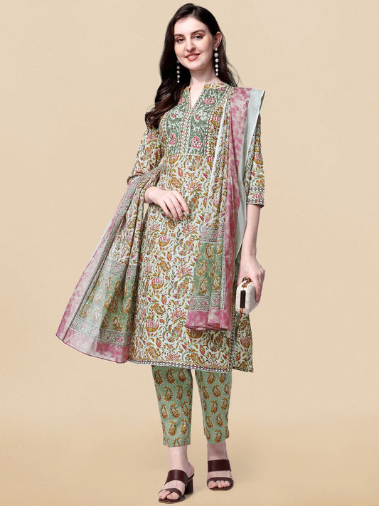Dhiyona KL Floral Printed Gotta Patti Pure Cotton Straight Kurta & Trousers With Dupatta
