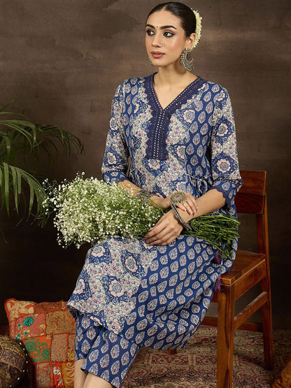 Floral Printed V-Neck Pure Cotton A-Line Kurta With Trousers