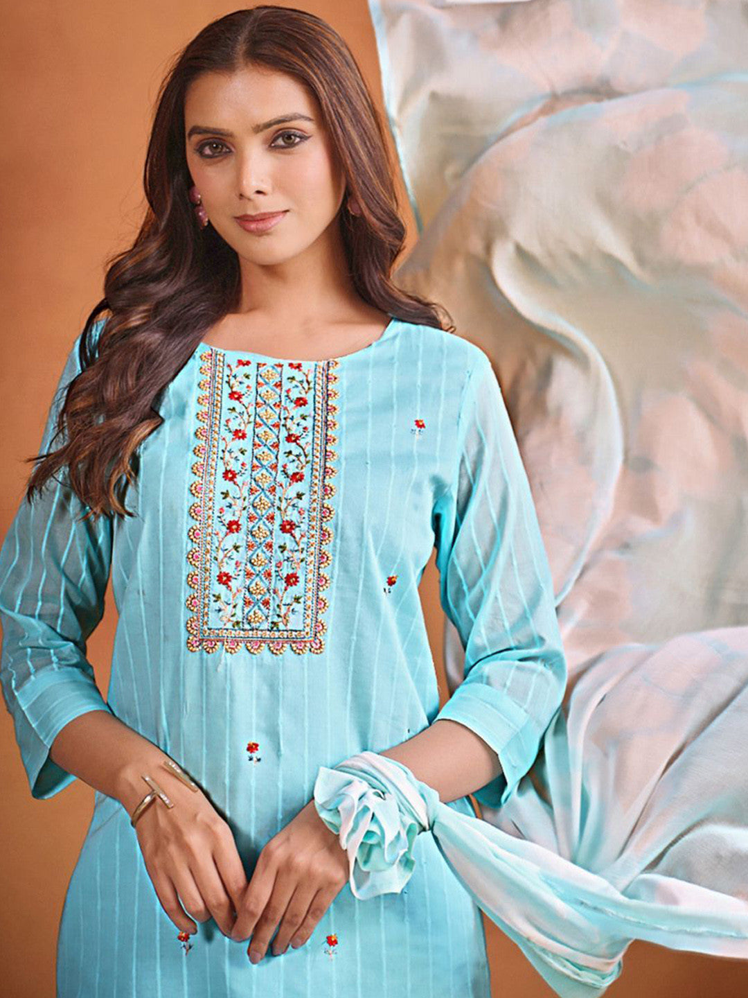 Women's Pure Cotton Straight Embroidered Kurta Pant With Dupatta Set