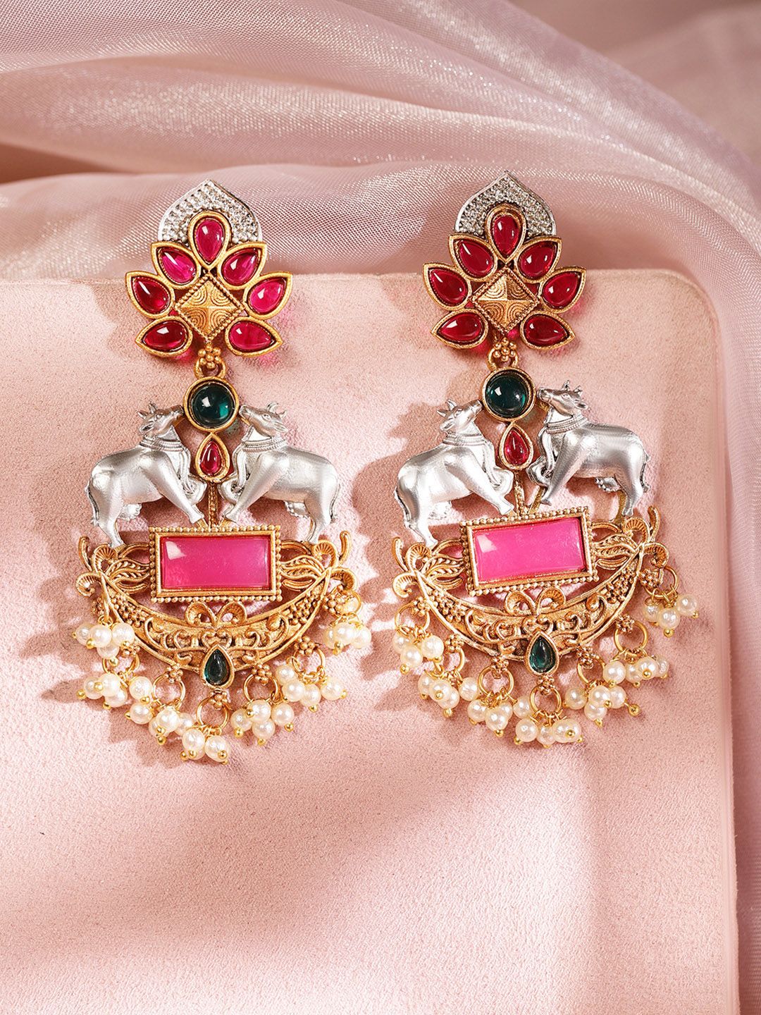 Dhiyona RJ Women's Gold & Silver Plated Pink Stones Studded & Pearl Beaded Cow Charm Earrings