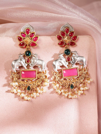 Dhiyona RJ Women's Gold & Silver Plated Pink Stones Studded & Pearl Beaded Cow Charm Earrings