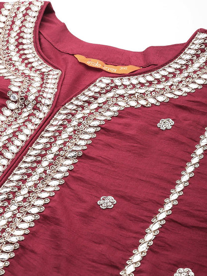 Dhiyona Women's Plus Size Ethnic Motifs Embroidered Gotta Patti Kurta with Trousers & Dupatta