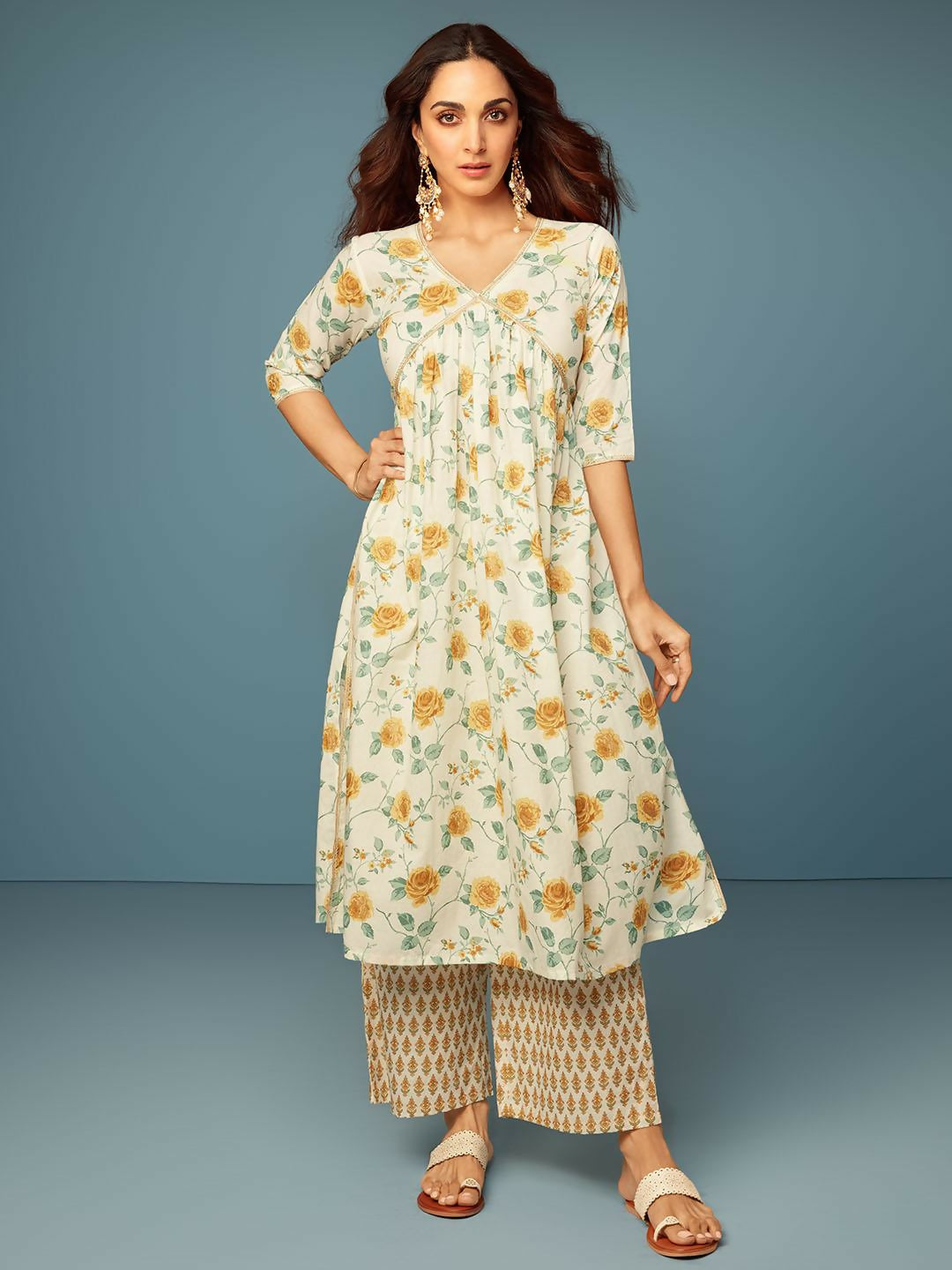 Women's LB Tamannah Off white Printed Cotton A-Line Kurta With Palazzos