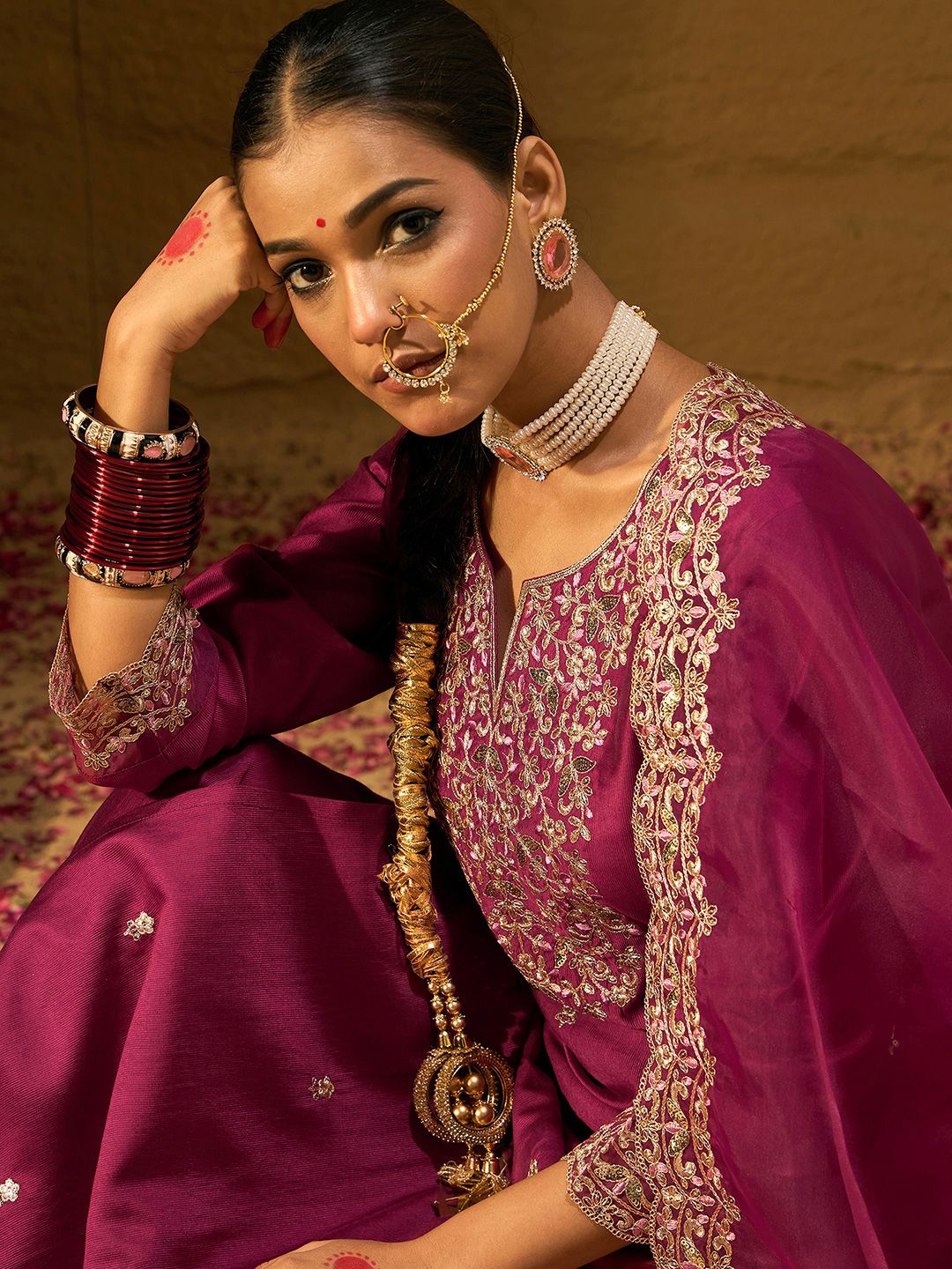 Dhiyona IE Floral Embroidered Sequinned Liva Kurta with Trousers & Dupatta