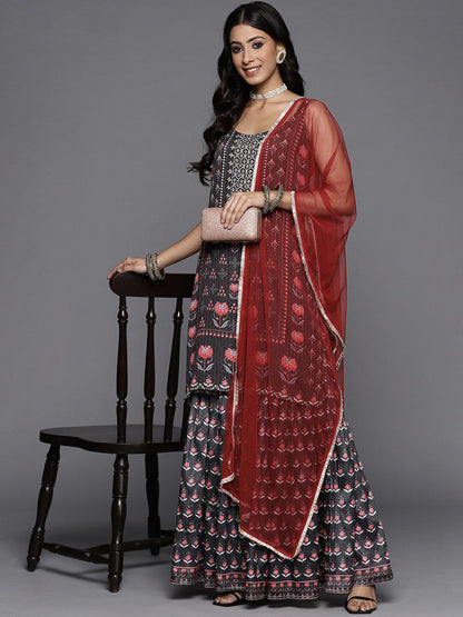 Dhiyona KL Floral Printed Sequinned Sleeveless Kurta with Sharara & Dupatta