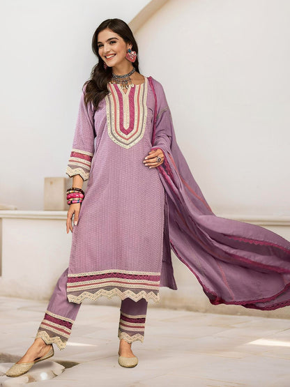 Dhiyona IS Women's Embroidered Straight Mirror Work Pure Cotton Kurta with Trousers & Dupatta
