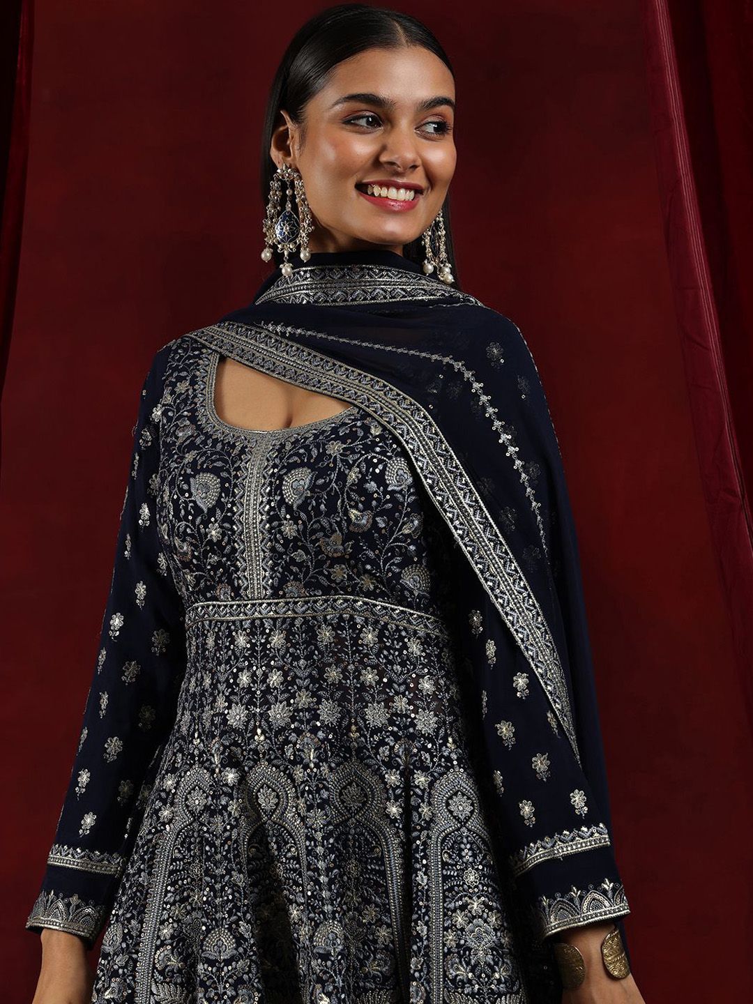 Dhiyona LL Womens Blue Embroidered Georgette Anarkali Kurta With Palazzos & Dupatta