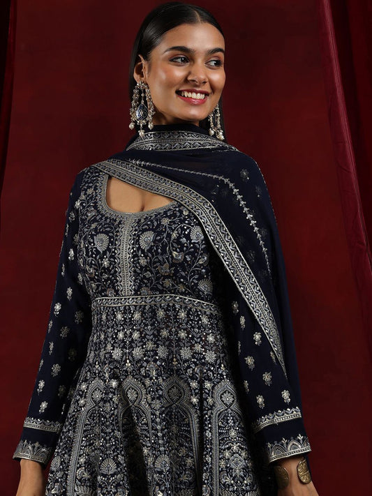 Dhiyona LL Womens Blue Embroidered Georgette Anarkali Kurta With Palazzos & Dupatta