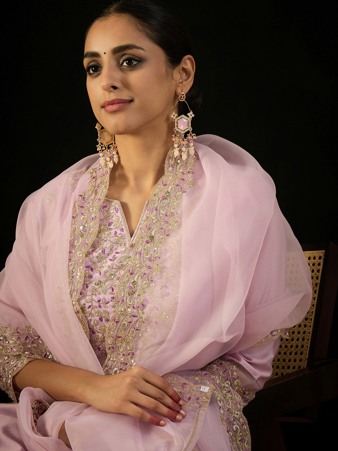 Ethnic Motifs Embroidered Regular Straight Kurta & Trousers With Dupatta