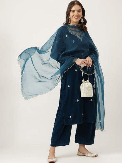 Dhiyona KL Floral Embroidered Beads and Stones Velvet Kurta With Palazzos & Dupatta