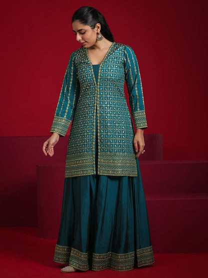 Dhiyona LL Ethnic Motifs Embroidered Mirror Work Straight Kurti with Palazzos & Dupatta