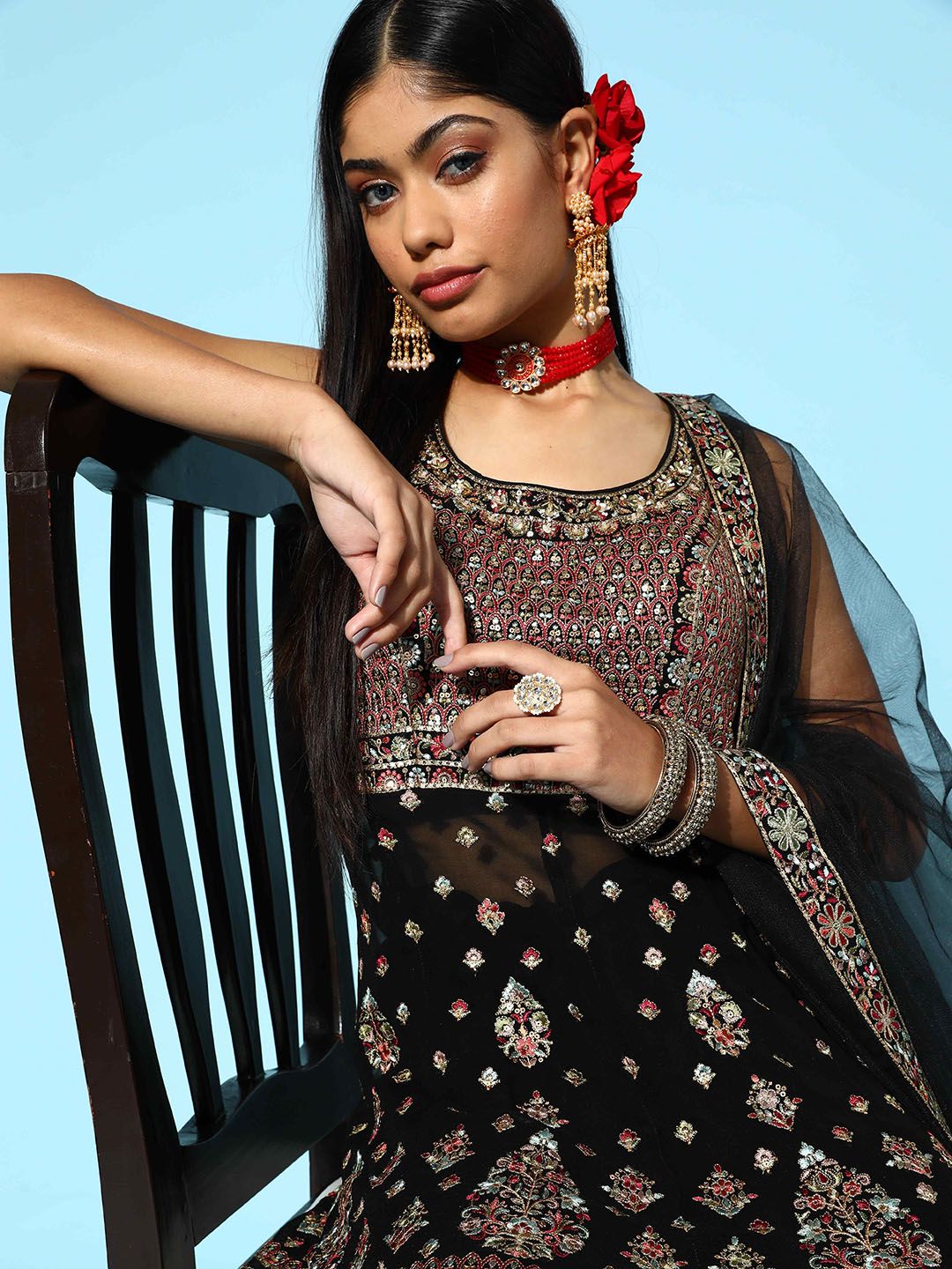 Dhiyona LL Floral Embroidered Empire Sequinned Kurti With Palazzos & With Dupatta