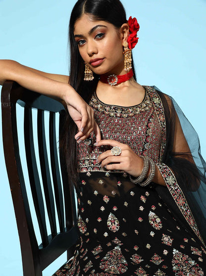 Dhiyona LL Floral Embroidered Empire Sequinned Kurti With Palazzos & With Dupatta