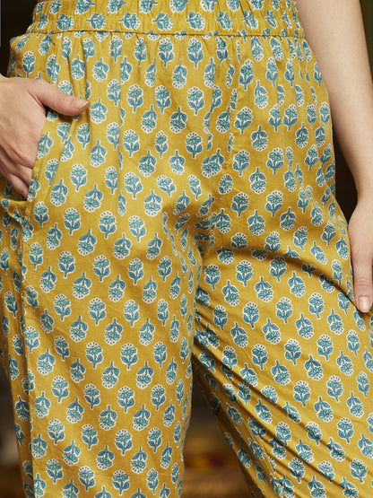 Floral Printed Pure Cotton Straight Kurta With Trouser & Dupatta Set