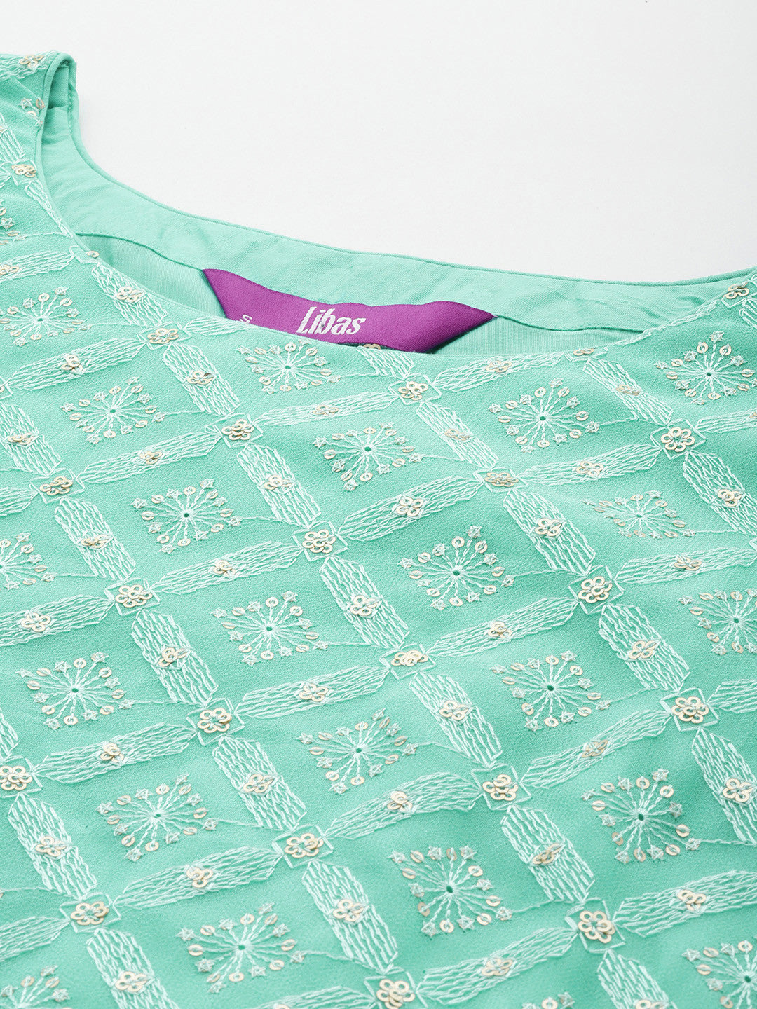 Womens Sea Green Embroidered Georgette Straight Kurti With Sharara & Dupatta
