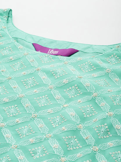 Womens Sea Green Embroidered Georgette Straight Kurti With Sharara & Dupatta