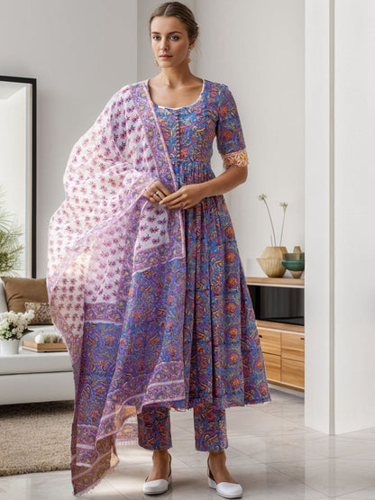 Dhiyona KL Round Neck Floral Printed Pleated Anarkali Kurta with Trouser & Dupatta
