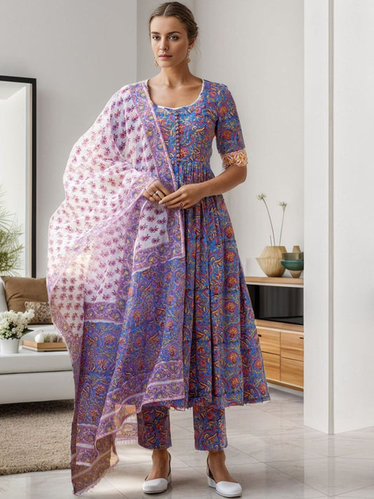 Dhiyona KL Round Neck Floral Printed Pleated Anarkali Kurta with Trouser & Dupatta