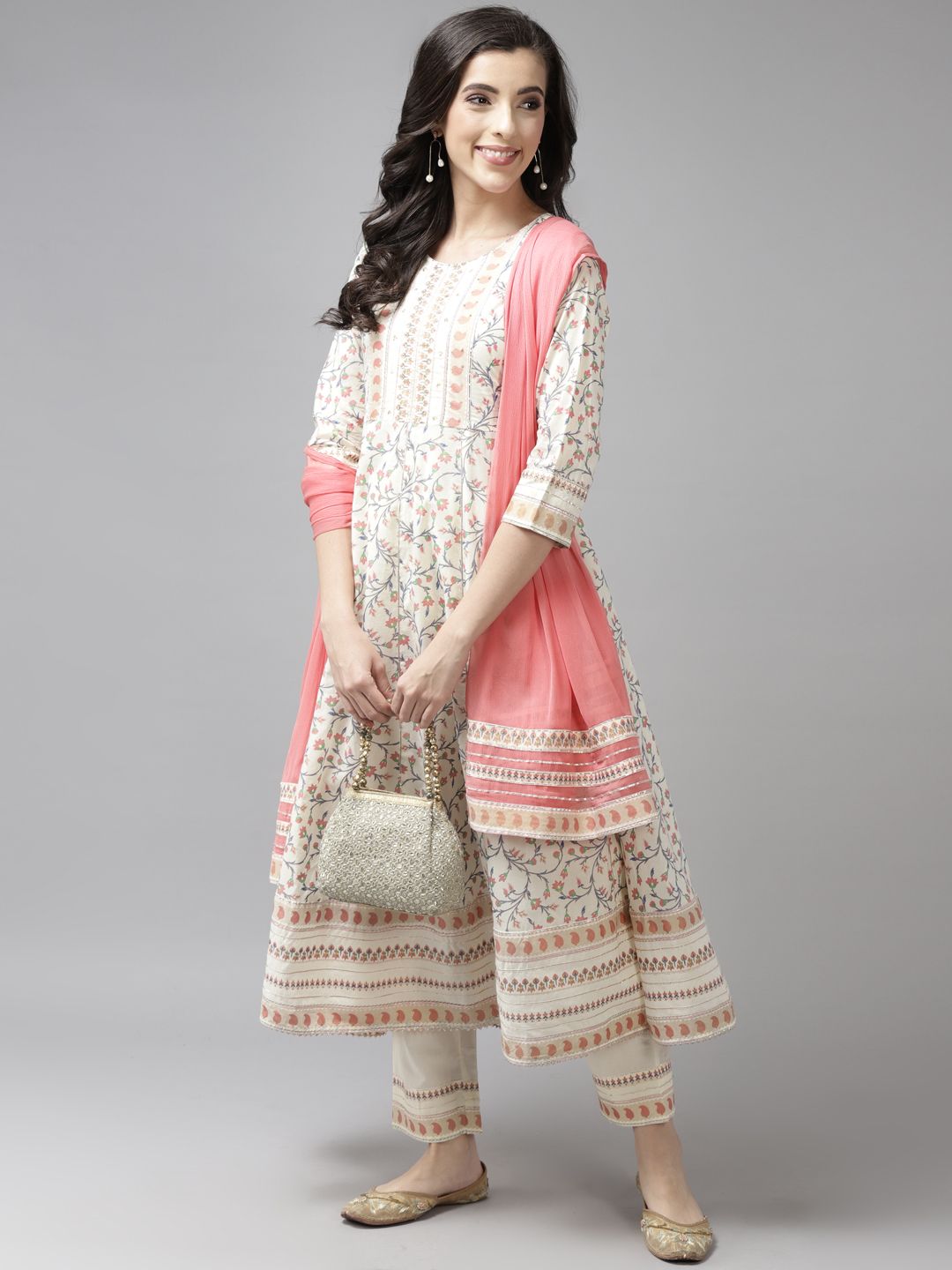 Dhiyona RR Women's Cream-Coloured Printed Pure Cotton Kurta with Trousers & Dupatta