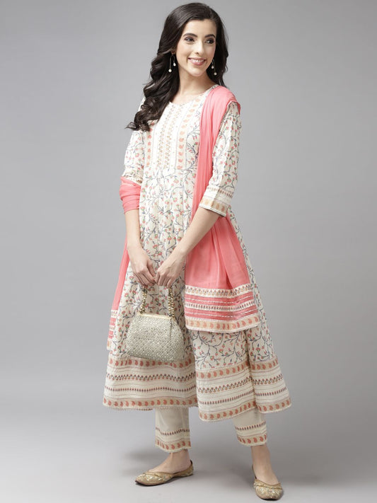 Dhiyona RR Women's Cream-Coloured Printed Pure Cotton Kurta with Trousers & Dupatta