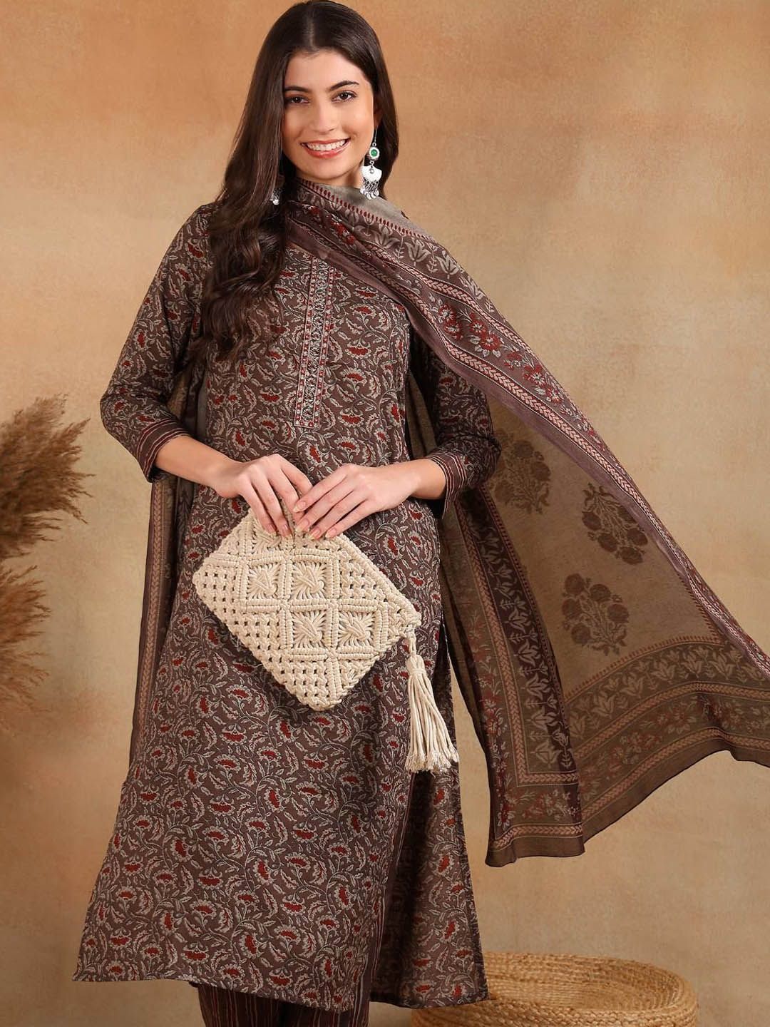 Dhiyona KL Floral Printed Straight Kurta with Trousers & Dupatta