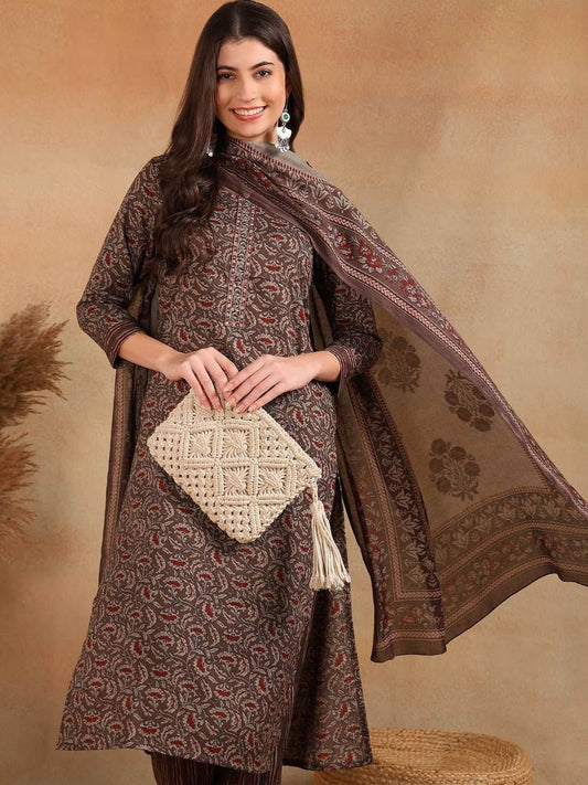 Dhiyona KL Floral Printed Straight Kurta with Trousers & Dupatta