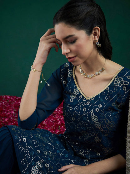 Dhiyona IE Floral Embroidered Regular Sequinned Kurta With Sharara & Dupatta