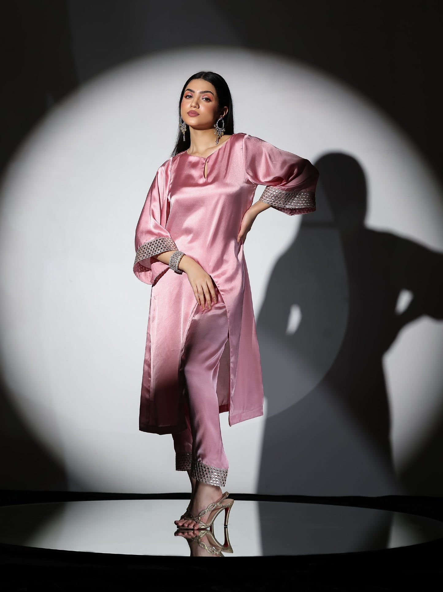 Dhiyona ST Women's Vision in Pink Satin Set with Gold Triangle on Sleeves and Easy Pants 2 Piece Set | Straight Fit, Round Neck, 3/4 Sleeves, Pants, Festive Wear, (Satin)