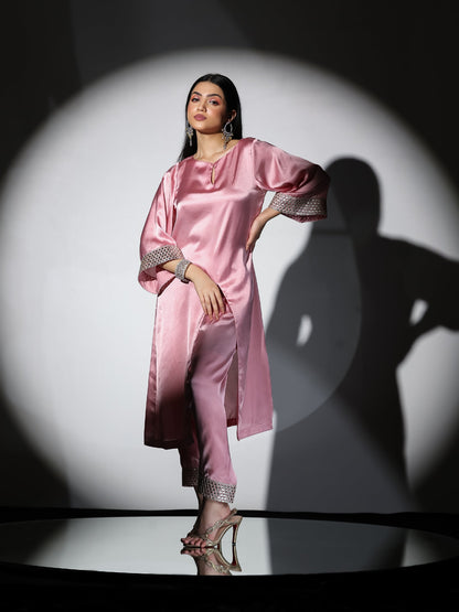 Dhiyona ST Women's Vision in Pink Satin Set with Gold Triangle on Sleeves and Easy Pants 2 Piece Set | Straight Fit, Round Neck, 3/4 Sleeves, Pants, Festive Wear, (Satin)