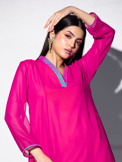 Dhiyona ST Women's Pink & Yellow Surprise Georgette Kurta Set with Contrast Inner Lining and Pants 2 Piece Set | A-Line, V Neck, Full Sleeves, Pants, Work wear, Festive Wear, (Georgette)