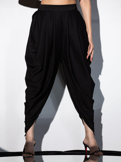 Dhiyona ST Women's Black Satin with Stretchable Top & Beads Set with Dhoti Pants, 2 Piece Set | Straight Fit, Round Neck, Sleeveless, Dhoti Pants, Partywear, (Satin)