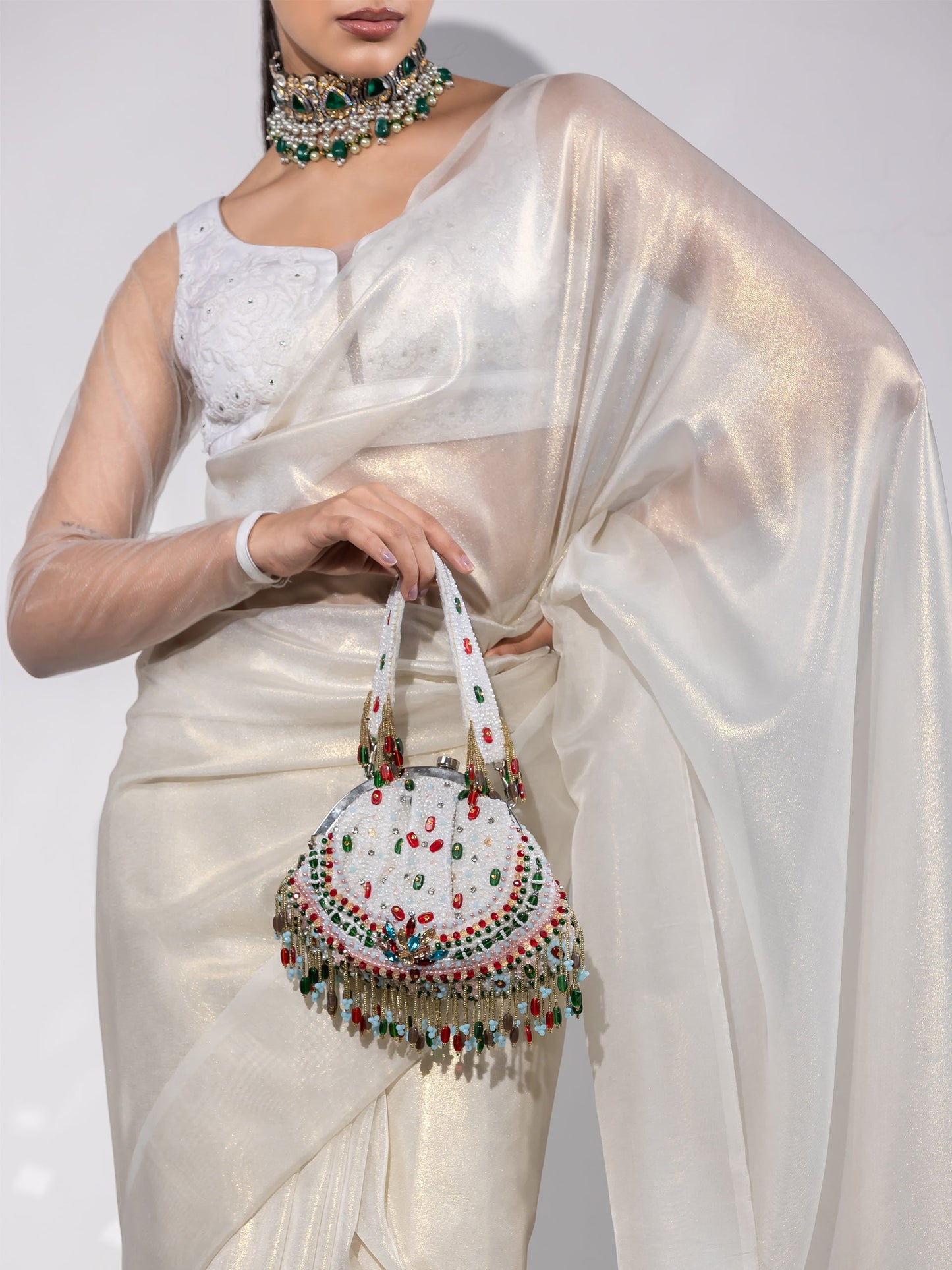 Dhiyona ST Royal Affair White Gold Organza Saree with Embroidered Blouse Fabric