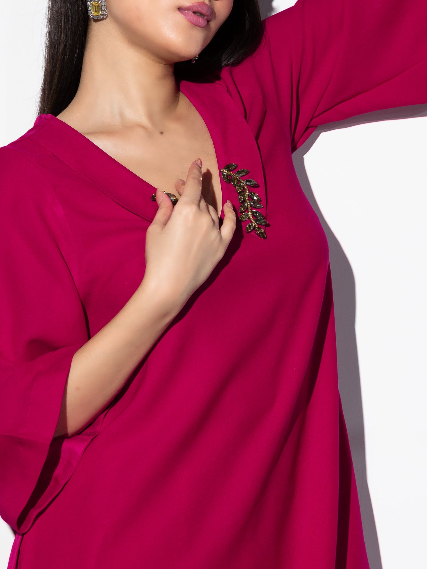 Dhiyona ST Women's Power Pink Korean Fabric Kurta Set with Glass Beads on Collar and Pants 2 Piece Set | Straight Fit, V Neck, 3/4 Sleeves, Pants, Festive Wear, (Korean Fabric)