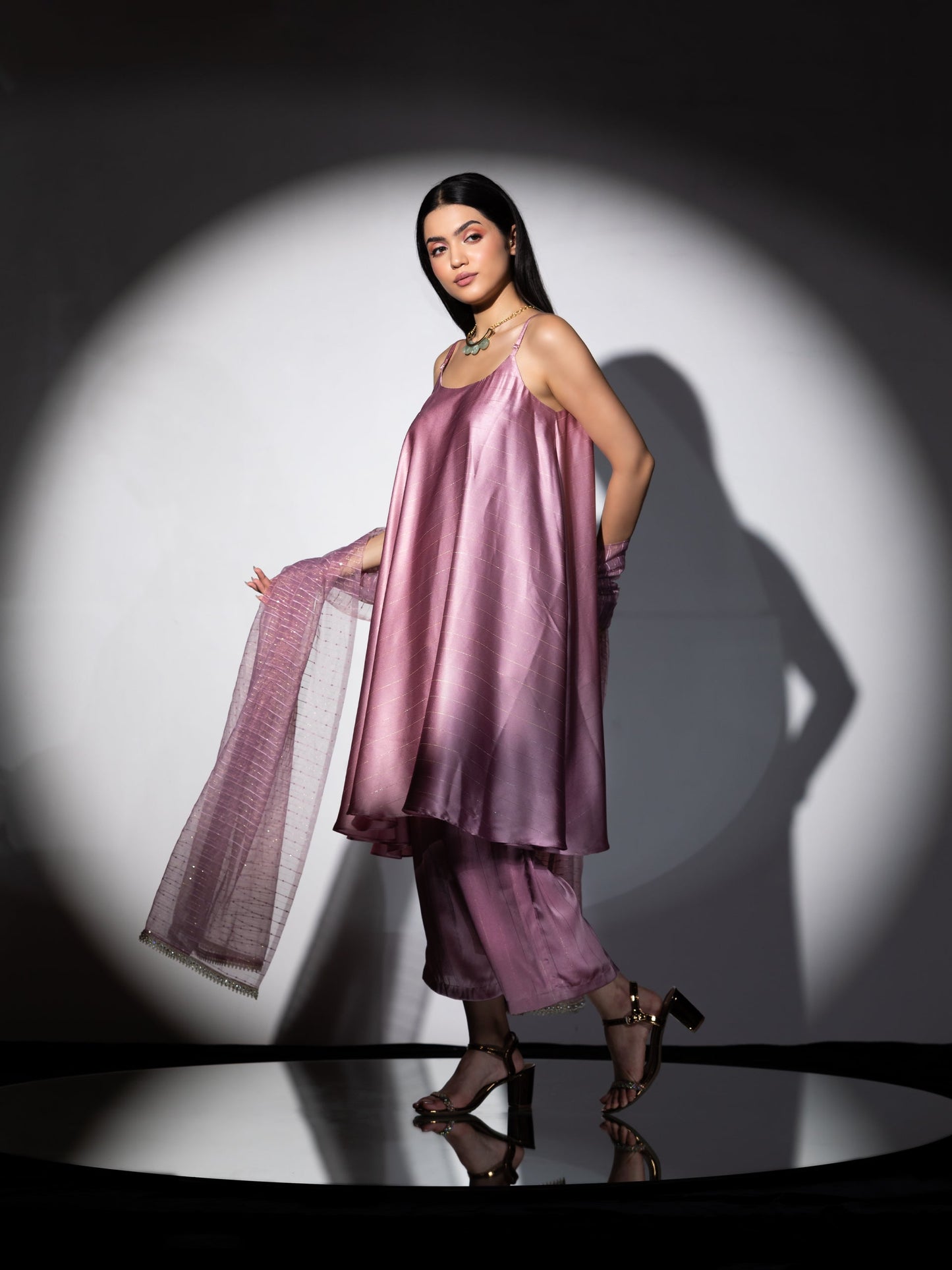 Dhiyona ST Women's Pink Stripe Satin Dress Set with Pants and Organza Sparkle Dupatta with Lace 3 Piece Set | Straight Fit, Round Neck, Sleeveless, Pants, Festive Wear, (Satin)