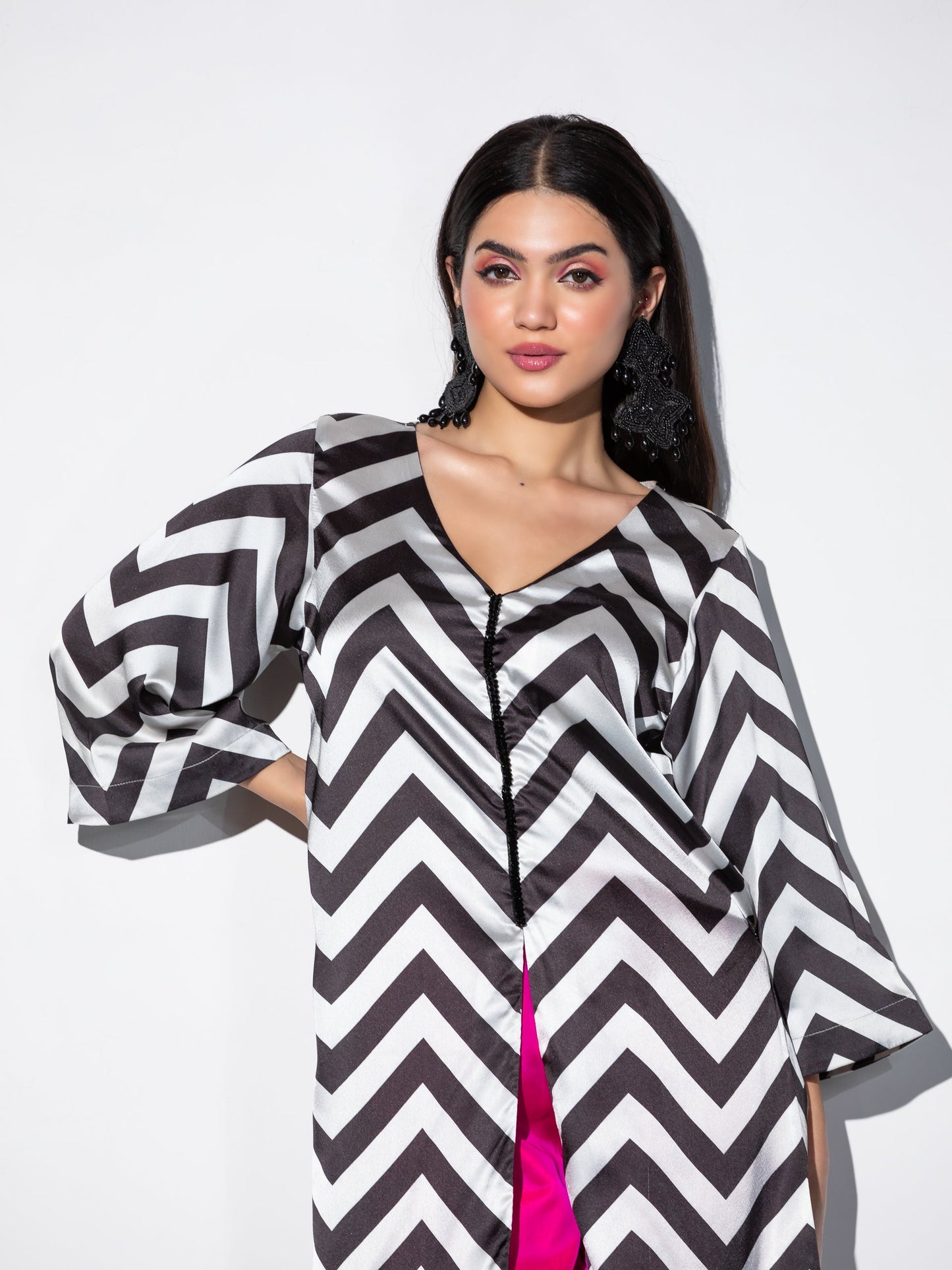 Dhiyona ST Women's Black and White Chevron Satin Kurta with Center Black Beaded Lace 1 Piece | A-Line, V Neck, Full Sleeves,Casual Wear, Festive Wear, (Satin)