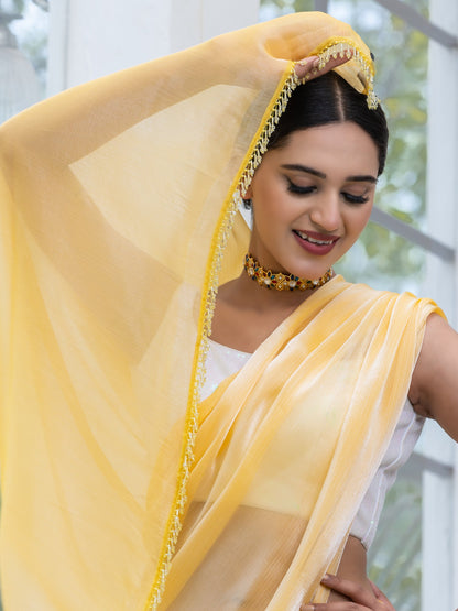 Dhiyona ST Lemon Fizz Chiffon Organza Saree with Lace and Blouse fabric