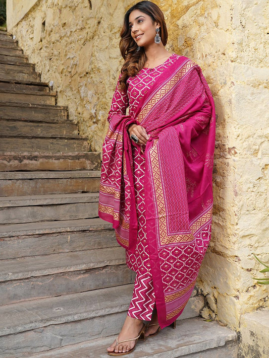 Dhiyona KL Keyhole Neck Ethnic Motifs Printed Regular Kurta with Trousers & With Dupatta