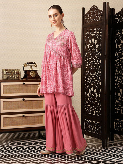Dhiyona HOP Floral Printed Sequinned Gathered Jashn Kurti With Sharara & Dupatta